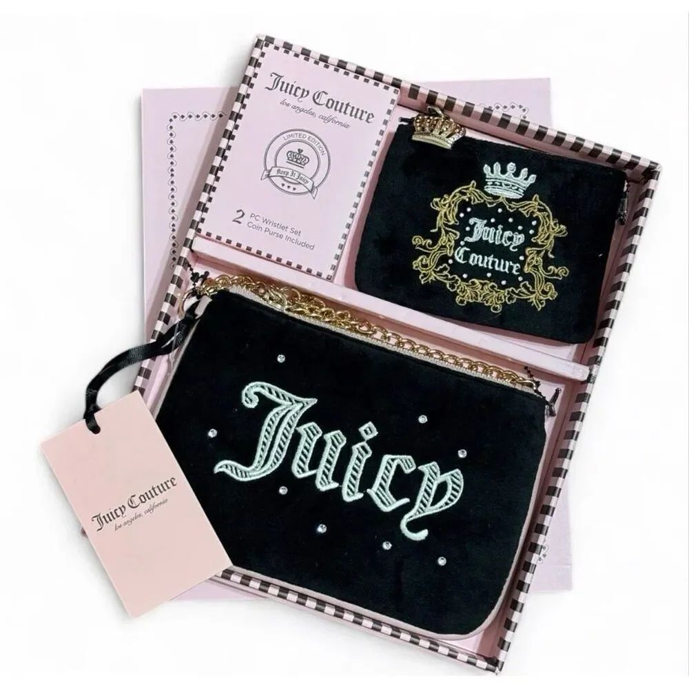 Juicy Couture black heritage y2k wristlet pouch & coin pouch bag charm gift set